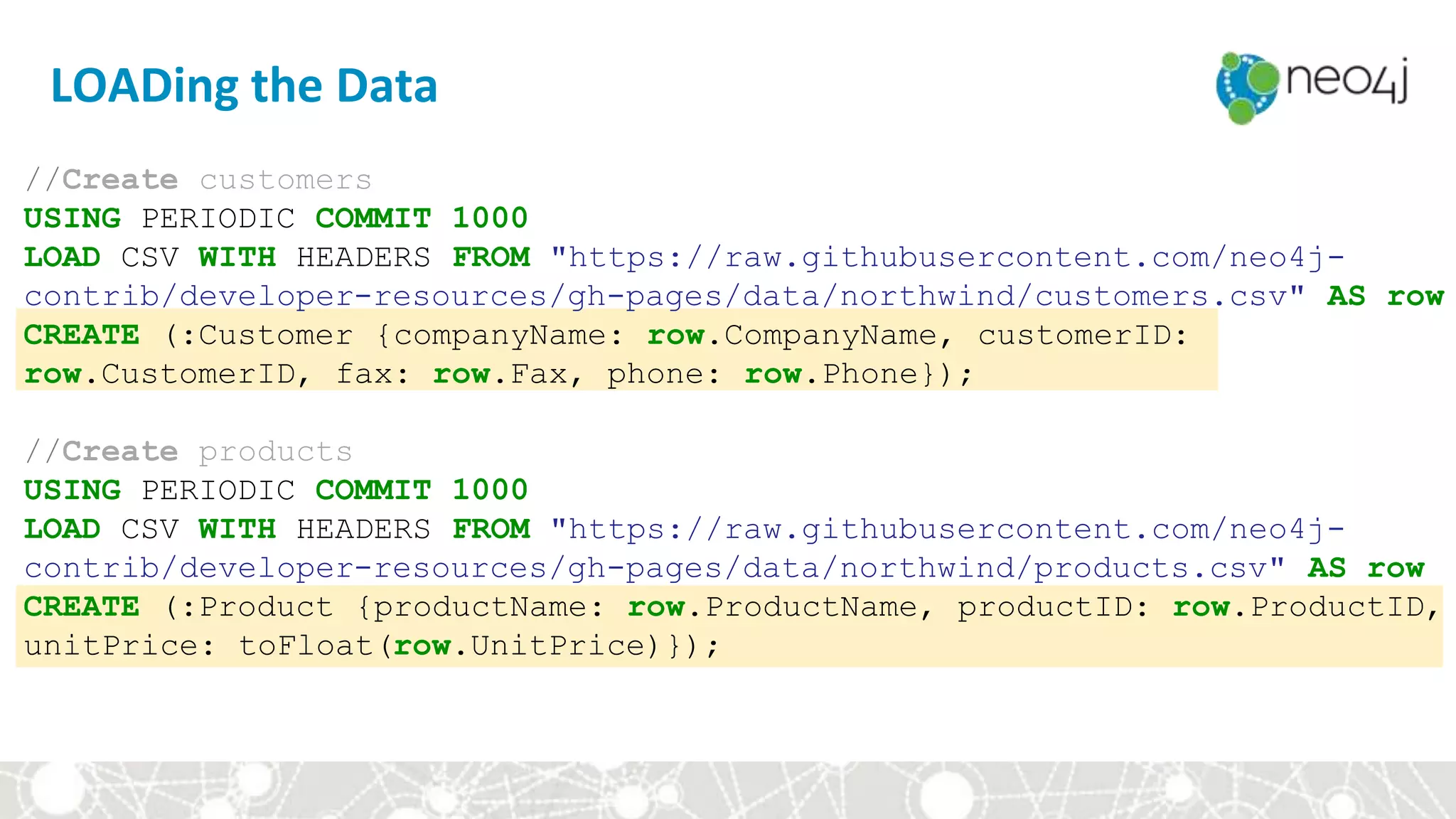 LOADing the Data
//Create customers
USING PERIODIC COMMIT 1000
LOAD CSV WITH HEADERS FROM "https://raw.githubusercontent.com/neo4j-
contrib/developer-resources/gh-pages/data/northwind/customers.csv" AS row
CREATE (:Customer {companyName: row.CompanyName, customerID:
row.CustomerID, fax: row.Fax, phone: row.Phone});
//Create products
USING PERIODIC COMMIT 1000
LOAD CSV WITH HEADERS FROM "https://raw.githubusercontent.com/neo4j-
contrib/developer-resources/gh-pages/data/northwind/products.csv" AS row
CREATE (:Product {productName: row.ProductName, productID: row.ProductID,
unitPrice: toFloat(row.UnitPrice)});
 