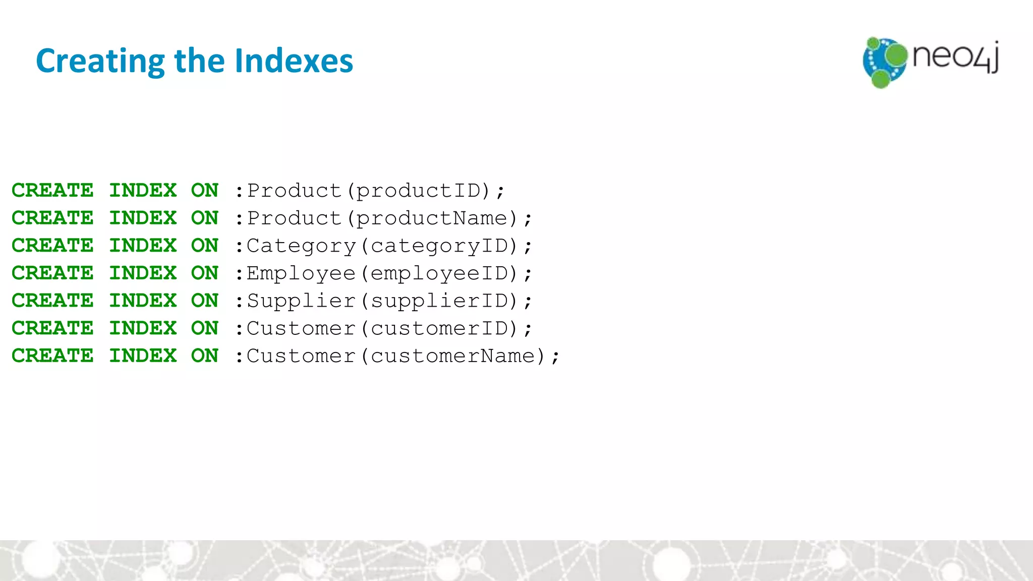 Creating the Indexes
CREATE INDEX ON :Product(productID);
CREATE INDEX ON :Product(productName);
CREATE INDEX ON :Category(categoryID);
CREATE INDEX ON :Employee(employeeID);
CREATE INDEX ON :Supplier(supplierID);
CREATE INDEX ON :Customer(customerID);
CREATE INDEX ON :Customer(customerName);
 