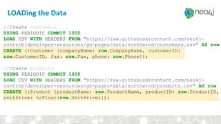 LOADing the Data
//Create customers
USING PERIODIC COMMIT 1000
LOAD CSV WITH HEADERS FROM "https://raw.githubusercontent.com/neo4j-
contrib/developer-resources/gh-pages/data/northwind/customers.csv" AS row
CREATE (:Customer {companyName: row.CompanyName, customerID:
row.CustomerID, fax: row.Fax, phone: row.Phone});
//Create products
USING PERIODIC COMMIT 1000
LOAD CSV WITH HEADERS FROM "https://raw.githubusercontent.com/neo4j-
contrib/developer-resources/gh-pages/data/northwind/products.csv" AS row
CREATE (:Product {productName: row.ProductName, productID: row.ProductID,
unitPrice: toFloat(row.UnitPrice)});
 
