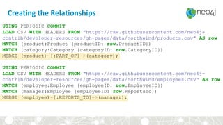 Creating the Relationships
USING PERIODIC COMMIT
LOAD CSV WITH HEADERS FROM "https://raw.githubusercontent.com/neo4j-
contrib/developer-resources/gh-pages/data/northwind/products.csv" AS row
MATCH (product:Product {productID: row.ProductID})
MATCH (category:Category {categoryID: row.CategoryID})
MERGE (product)-[:PART_OF]->(category);
USING PERIODIC COMMIT
LOAD CSV WITH HEADERS FROM "https://raw.githubusercontent.com/neo4j-
contrib/developer-resources/gh-pages/data/northwind/employees.csv" AS row
MATCH (employee:Employee {employeeID: row.EmployeeID})
MATCH (manager:Employee {employeeID: row.ReportsTo})
MERGE (employee)-[:REPORTS_TO]->(manager);
 