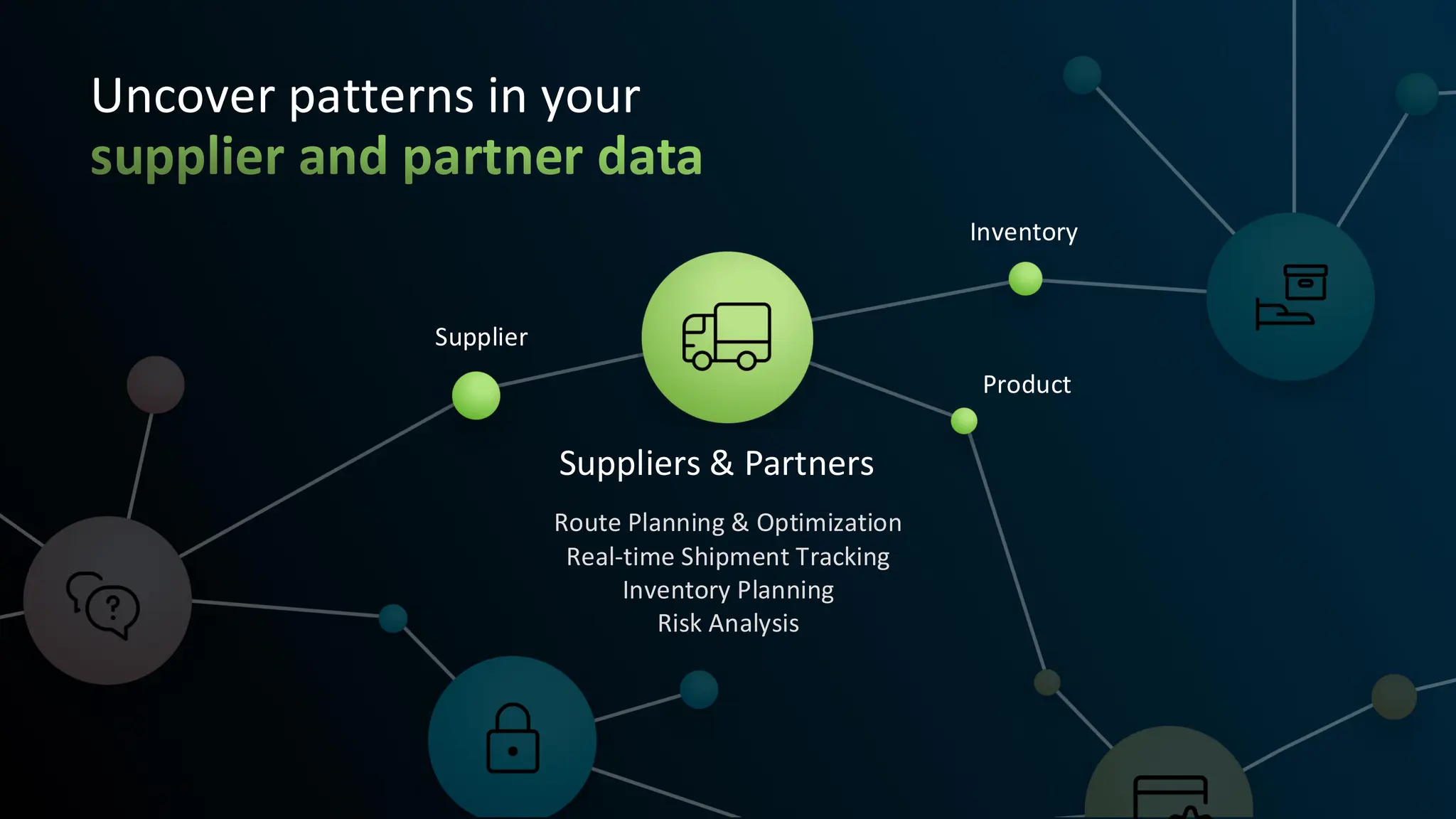 Supplier
Inventory
Product
Suppliers & Partners
Route Planning & Optimization
Real-time Shipment Tracking
Inventory Planning
Risk Analysis
Uncover patterns in your
supplier and partner data
 