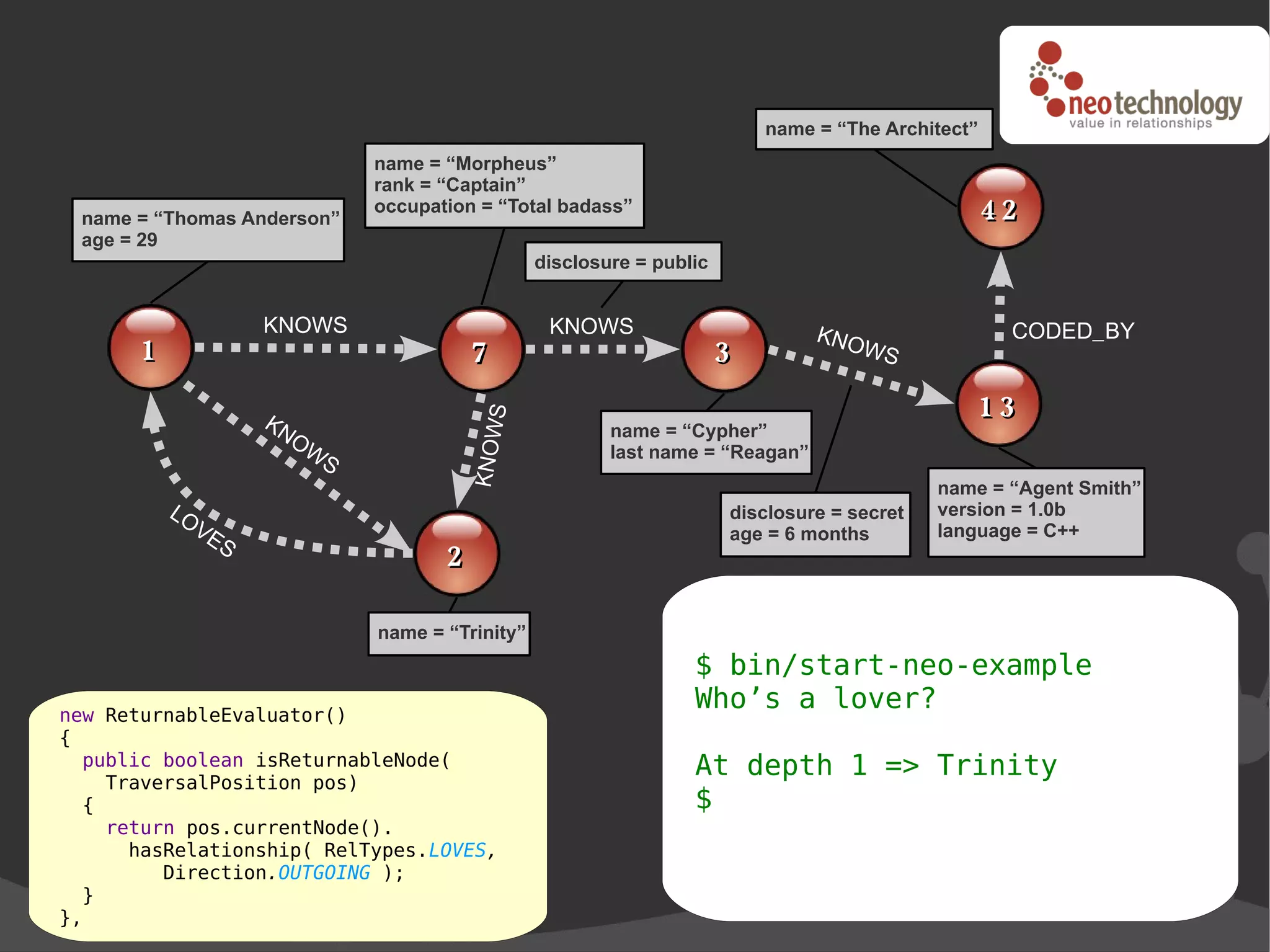 name = “The Architect”
                                name = “Morpheus”
                                rank = “Captain”
 name = “Thomas Anderson”
                                occupation = “Total badass”                                            42
 age = 29
                                                    disclosure = public


                    KNOWS                            KNOWS                         KNO                  CODED_BY
      1                                    7                              3           W   S

                    KN                                                                             13

                                                S
                                                            name = “Cypher”

                                           KNOW
                       OW
                            S                               last name = “Reagan”
                                                                                                name = “Agent Smith”
          LO                                                              disclosure = secret   version = 1.0b
             VE                                                           age = 6 months        language = C++
                S
                                       2

                                name = “Trinity”
                                                                     $ bin/start-neo-example
new ReturnableEvaluator()
                                                                     Who’s a lover?
{
  public boolean isReturnableNode(
    TraversalPosition pos)
                                                                     At depth 1 => Trinity
  {                                                                  $
    return pos.currentNode().
      hasRelationship( RelTypes.LOVES,
         Direction.OUTGOING );
  }
},
 