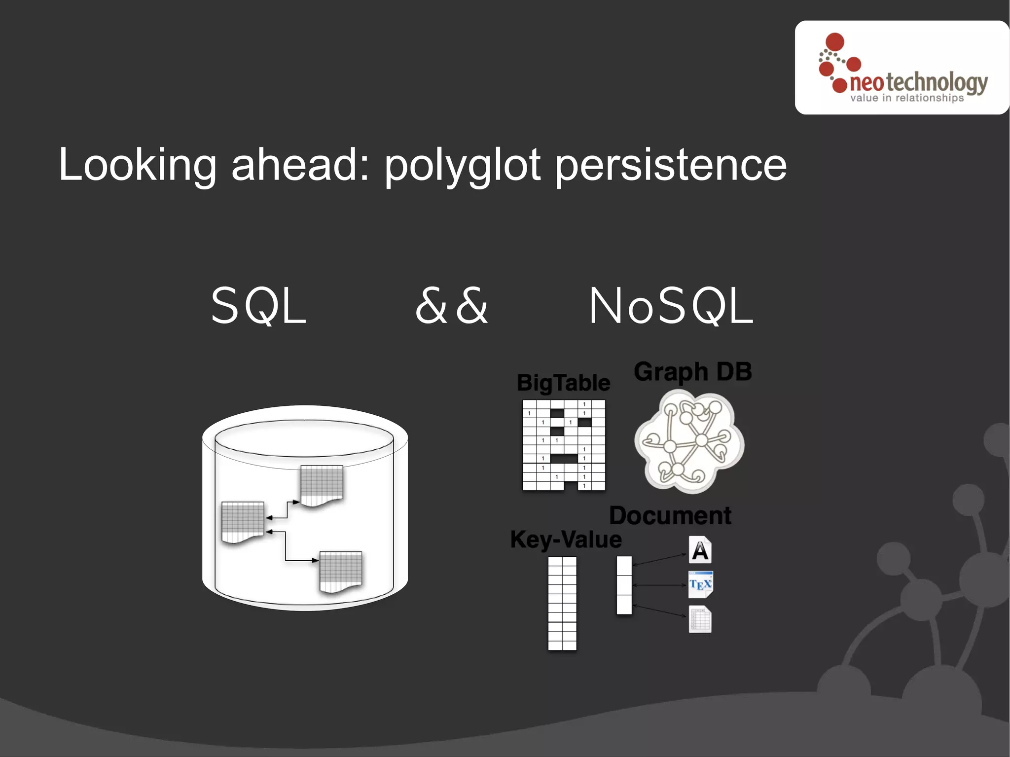 Looking ahead: polyglot persistence


       SQL       &&      N oSQL
 