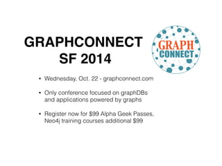 • Wednesday, Oct. 22 - graphconnect.com
• Only conference focused on graphDBs
and applications powered by graphs
• Register now for $99 Alpha Geek Passes,
Neo4j training courses additional $99
GRAPHCONNECT!
SF 2014
 