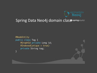 !
!
!
!
	
	
!
@Indexed(unique = true)	
	
!
!
!
!
@NodeEntity	
public class Tag {	
@GraphId private Long id;	
	
private String tag;	
}
Spring	
  Data	
  Neo4j	
  domain	
  class
 