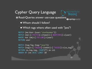 59
Cypher Query Language
๏Read-Queries answer use-case questions	

•Whom should I follow?	

•Which tags where often used with "java"?	

MATCH (me:User {user:"starbuxman"})	
MATCH (me)-[:POSTED]->(tweet)-[:MENTIONS]->(user)	
WHERE not (me)-[:FOLLOWS]-(user)	
RETURN user	
!
MATCH (tag:Tag {tag:"java"}) 	
MATCH (tag)<-[:TAGGED]-(tweet)-[:TAGGED]->(co_tag)	
RETURN co_tag.tag, COUNT(*) as cnt	
ORDER BY cnt DESC LIMIT 10
 