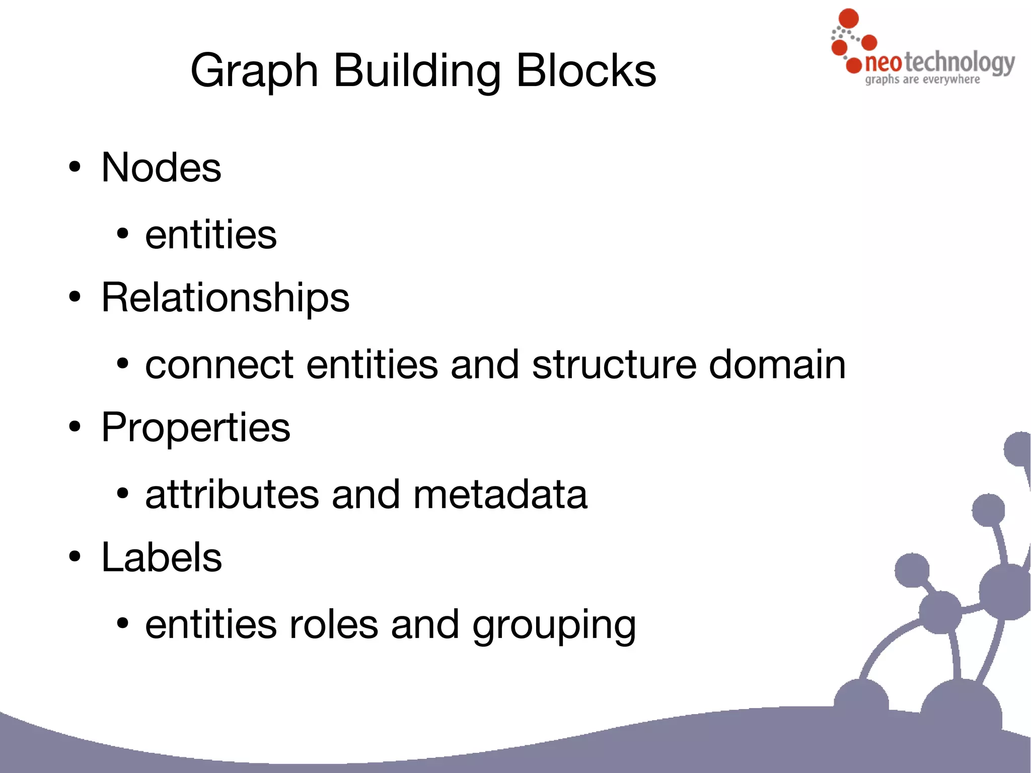 Graph Building Blocks
●
Nodes
●
entities
●
Relationships
●
connect entities and structure domain
●
Properties
●
attributes and metadata
●
Labels
●
entities roles and grouping
 