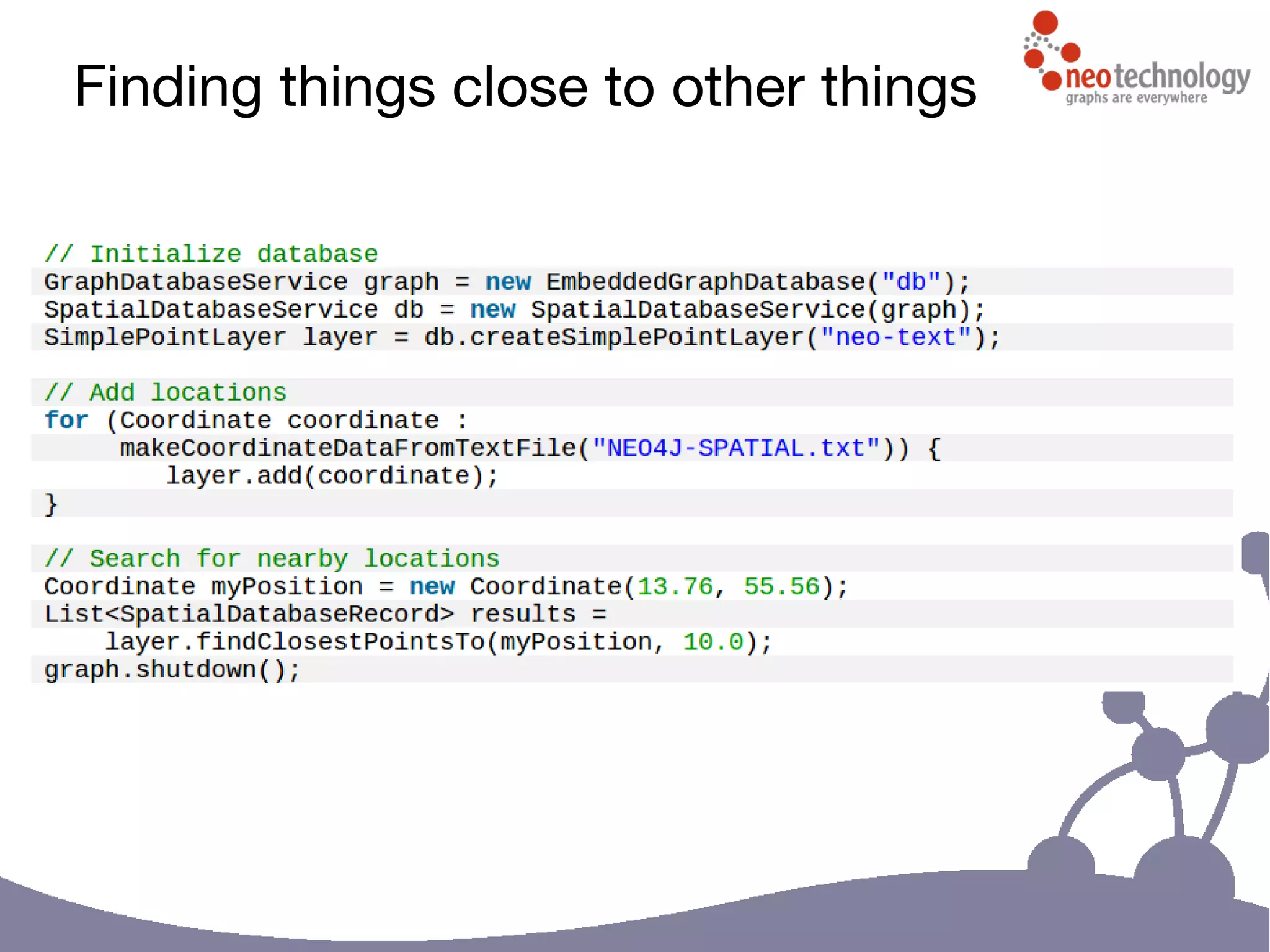 Finding things close to other things
http://blog.neo4j.org/2011/03/neo4j-spatial-part1-finding-things.html
 