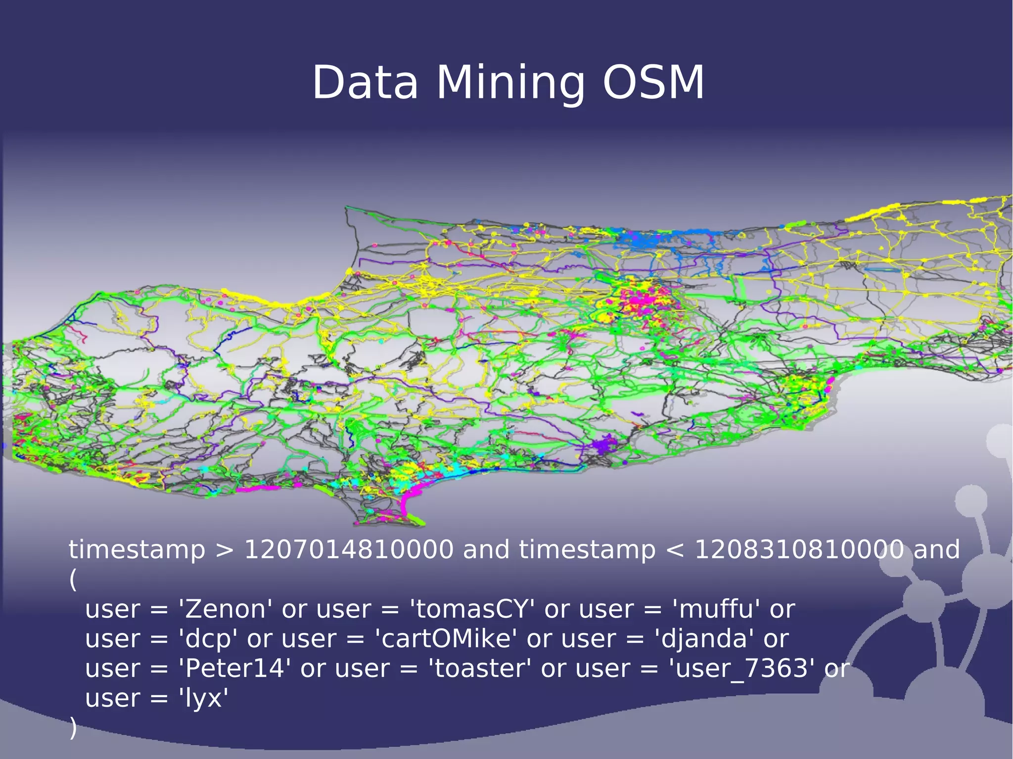 Data Mining OSM




timestamp > 1207014810000 and timestamp < 1208310810000 and
(
  user = 'Zenon' or user = 'tomasCY' or user = 'muffu' or
  user = 'dcp' or user = 'cartOMike' or user = 'djanda' or
  user = 'Peter14' or user = 'toaster' or user = 'user_7363' or
  user = 'lyx'
)
 