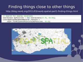 Finding things close to other things
http://blog.neo4j.org/2011/03/neo4j-spatial-part1-finding-things.html
 