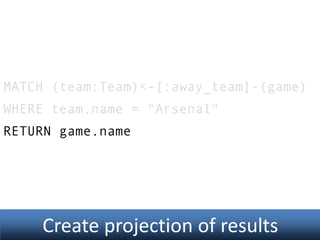 MATCH (team:Team)<-[:away_team]-(game)
WHERE team.name = "Arsenal"
RETURN game.name

Create projection of results

 