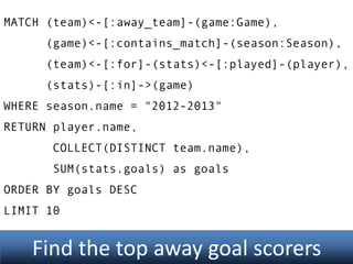MATCH (team)<-[:away_team]-(game:Game),

(game)<-[:contains_match]-(season:Season),
(team)<-[:for]-(stats)<-[:played]-(player),
(stats)-[:in]->(game)
WHERE season.name = "2012-2013"
RETURN player.name,
COLLECT(DISTINCT team.name),
SUM(stats.goals) as goals
ORDER BY goals DESC
LIMIT 10

Find the top away goal scorers

 
