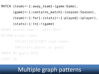 MATCH (team)<-[:away_team]-(game:Game),

(game)<-[:contains_match]-(season:Season),
(team)<-[:for]-(stats)<-[:played]-(player),
(stats)-[:in]->(game)
WHERE season.name = "2012-2013"
RETURN player.name,
COLLECT(DISTINCT team.name),
SUM(stats.goals) as goals
ORDER BY goals DESC
LIMIT 10

Multiple graph patterns

 