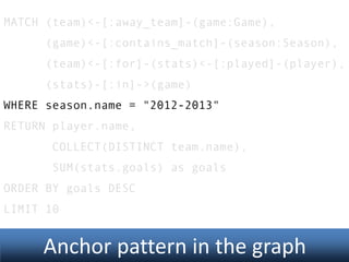 MATCH (team)<-[:away_team]-(game:Game),

(game)<-[:contains_match]-(season:Season),
(team)<-[:for]-(stats)<-[:played]-(player),
(stats)-[:in]->(game)
WHERE season.name = "2012-2013"
RETURN player.name,
COLLECT(DISTINCT team.name),
SUM(stats.goals) as goals
ORDER BY goals DESC
LIMIT 10

Anchor pattern in the graph

 