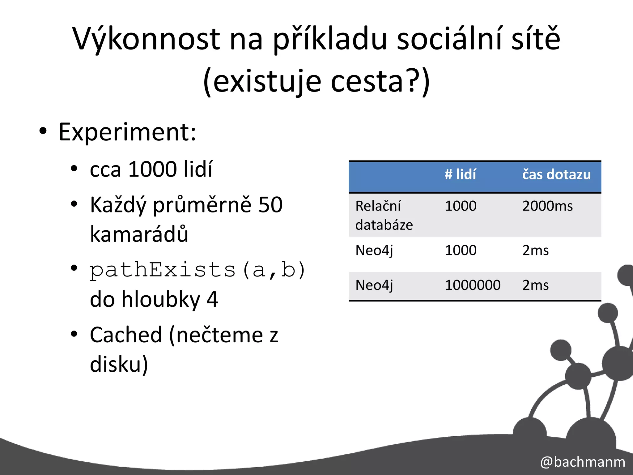 Výkonnost na příkladu sociální sítě
         (existuje cesta?)
• Experiment:
  • cca 1000 lidí                  # lidí    čas dotazu

  • Každý průměrně 50   Relační    1000      2000ms
                        databáze
    kamarádů
                        Neo4j      1000      2ms
  • pathExists(a,b)
                        Neo4j      1000000   2ms
    do hloubky 4
  • Cached (nečteme z
    disku)


                                               @bachmanm
 