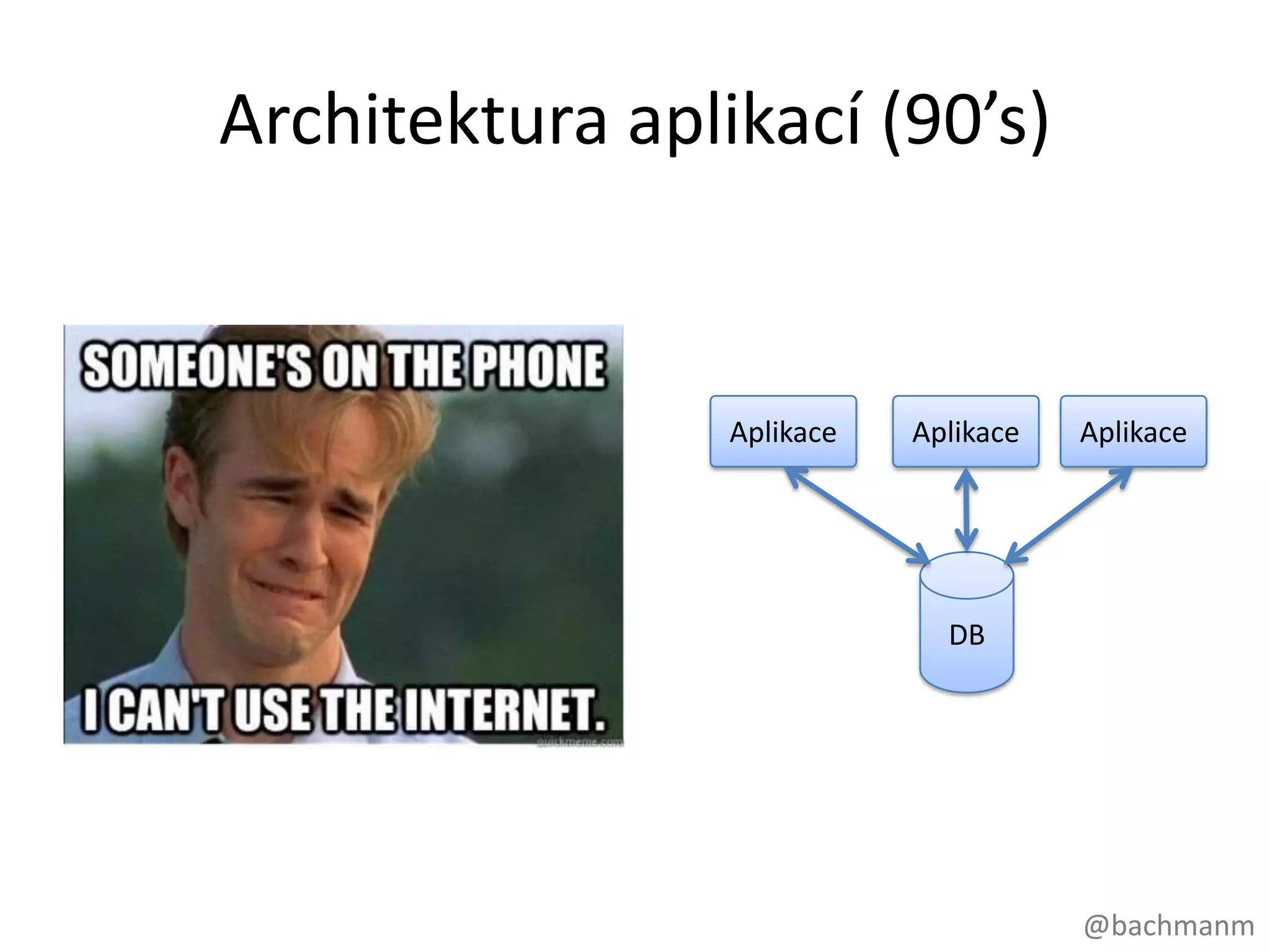 Architektura aplikací (90’s)


                 Aplikace   Aplikace   Aplikace




                              DB




                                       @bachmanm
 