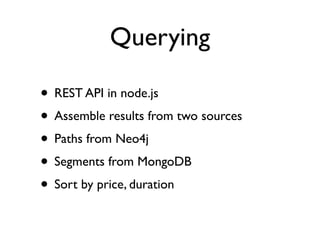 Querying
• REST API in node.js
• Assemble results from two sources
• Paths from Neo4j
• Segments from MongoDB
• Sort by price, duration
 