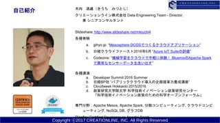Copyright ?2017 CREATIONLINE, INC. All Rights Reserved
ԼB ľ r ߤĤȤ
ꥨ`饤ʽ Data Engineering Team - Director,
 ˥󥵥륿
ݺߣshare: http://www.slideshare.net/mkiuchi4
Nĸ
a. gihyo.jp: Mesosphere DCOSǤĤ륯饦ɥץꥱ`
b. սU饦ɥե`20166 Azure IoT Suiteu
c. Codezine: Cеѧ򥯥饦ɤXY BluemixApache Spark
Ǯʥ󥵩`ǩ`ϴ
Nv
a. Developer Summit 2016 Summer
b. սUBP ѥ֥å饦Ɍ᰸Bv
c. Cloudweek Hokkaido 2015/2016
d. оѧԺѧ ѧgΥ٩`о󥿩`
ѧgΥ٩`ߤΤοѧ`ץե`ࡹ
TҰApache Mesos, Apache Spark, ɢԥ`ƥ, 饦ɥ
`ƥ, NoSQL DB, DB
Oreilley Certified Developer on Apache Spark
2
 