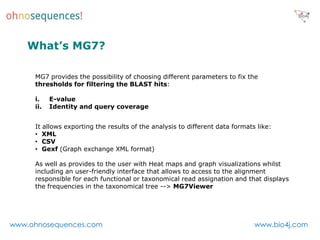 What’s MG7?

     MG7 provides the possibility of choosing different parameters to fix the
     thresholds for filtering the BLAST hits:

     i.    E-value
     ii.   Identity and query coverage


     It allows exporting the results of the analysis to different data formats like:
     • XML
     • CSV
     • Gexf (Graph exchange XML format)

     As well as provides to the user with Heat maps and graph visualizations whilst
     including an user-friendly interface that allows to access to the alignment
     responsible for each functional or taxonomical read assignation and that displays
     the frequencies in the taxonomical tree --> MG7Viewer




www.ohnosequences.com                                                         www.bio4j.com
 