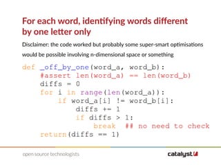 For each word, identifying words different
by one letter only
Disclaimer: the code worked but probably some super-smart optimisations
would be possible involving n-dimensional space or something
 