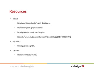 Resources
●
Neo4j
– http://neo4j.com/books/graph-databases/
– http://neo4j.com/graphacademy/
– http://graphgist.neo4j.com/#!/gists
– https://www.youtube.com/channel/UCvze3hU6OZBkB1vkhH2lH9Q
●
Py2neo
– http://py2neo.org/2.0/
●
SCOWL
– http://wordlist.aspell.net/
 