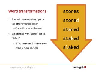 Word transformations
●
Start with one word and get to
the other by single-letter
tranformations word-by-word
●
E.g. starting with “stores” get to
“slaked”
– BTW there are 96 alternative
ways 5 moves or less
stores
stored
stared
staked
slaked
 