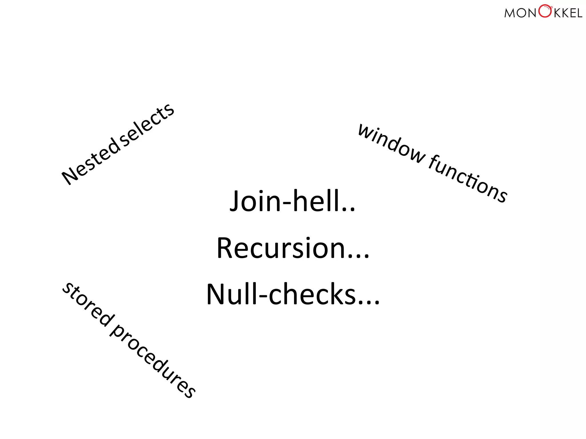 Join-­‐hell..	
  
Recursion...	
  
Null-­‐checks...	
  
 