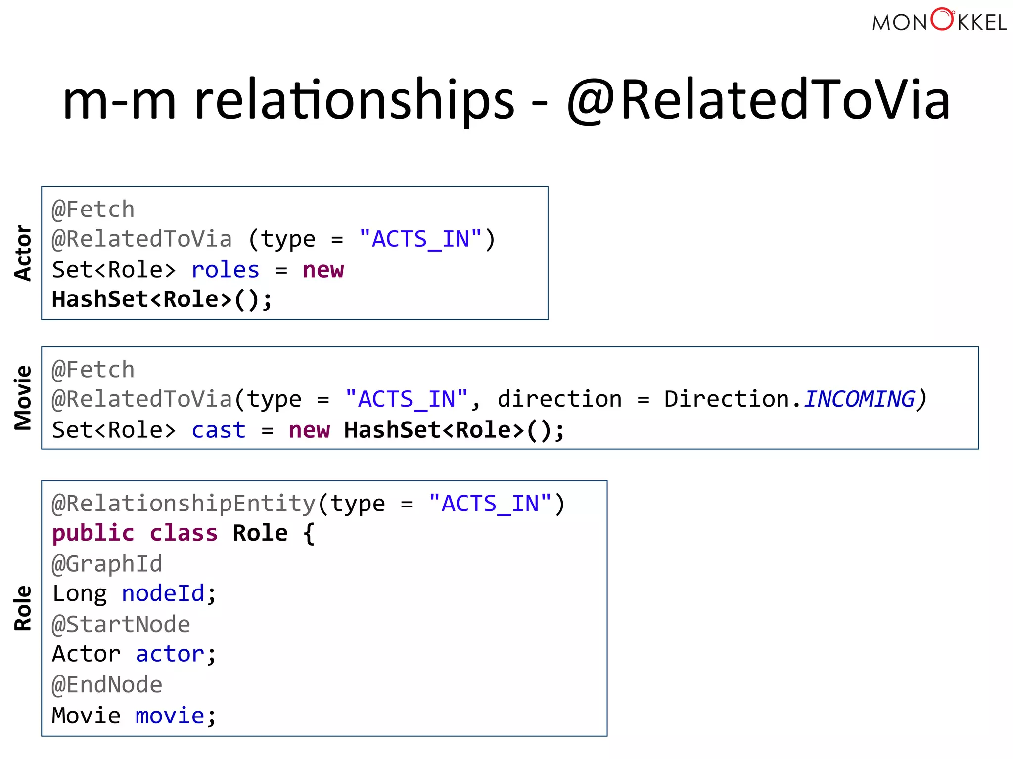 m-­‐m	
  relaHonships	
  -­‐	
  @RelatedToVia	
  
@Fetch	
  
@RelatedToVia	
  (type	
  =	
  "ACTS_IN")	
  
Set<Role>	
  roles	
  =	
  new	
  
HashSet<Role>();	
  
@Fetch	
  
@RelatedToVia(type	
  =	
  "ACTS_IN",	
  direction	
  =	
  Direction.INCOMING)	
  	
  
Set<Role>	
  cast	
  =	
  new	
  HashSet<Role>();	
  
Actor	
  Movie	
  
@RelationshipEntity(type	
  =	
  "ACTS_IN")	
  
public	
  class	
  Role	
  {	
  
@GraphId	
  
Long	
  nodeId;	
  
@StartNode	
  
Actor	
  actor;	
  
@EndNode	
  
Movie	
  movie;	
  
Role	
  
 
