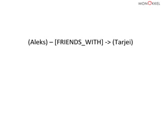 (Aleks)	
  –	
  [FRIENDS_WITH]	
  -­‐>	
  (Tarjei)	
  
 