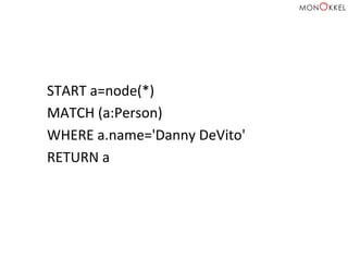 START	
  a=node(*)	
  
MATCH	
  (a:Person)	
  
WHERE	
  a.name='Danny	
  DeVito'	
  
RETURN	
  a	
  
 