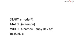 START	
  a=node(*)	
  
MATCH	
  (a:Person)	
  
WHERE	
  a.name='Danny	
  DeVito'	
  
RETURN	
  a	
  
 