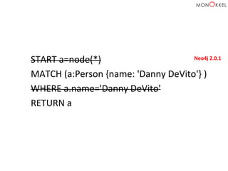 START	
  a=node(*)	
  
MATCH	
  (a:Person	
  {name:	
  'Danny	
  DeVito'}	
  )	
  
WHERE	
  a.name='Danny	
  DeVito'	
  
RETURN	
  a	
  
Neo4j	
  2.0.1	
  
 