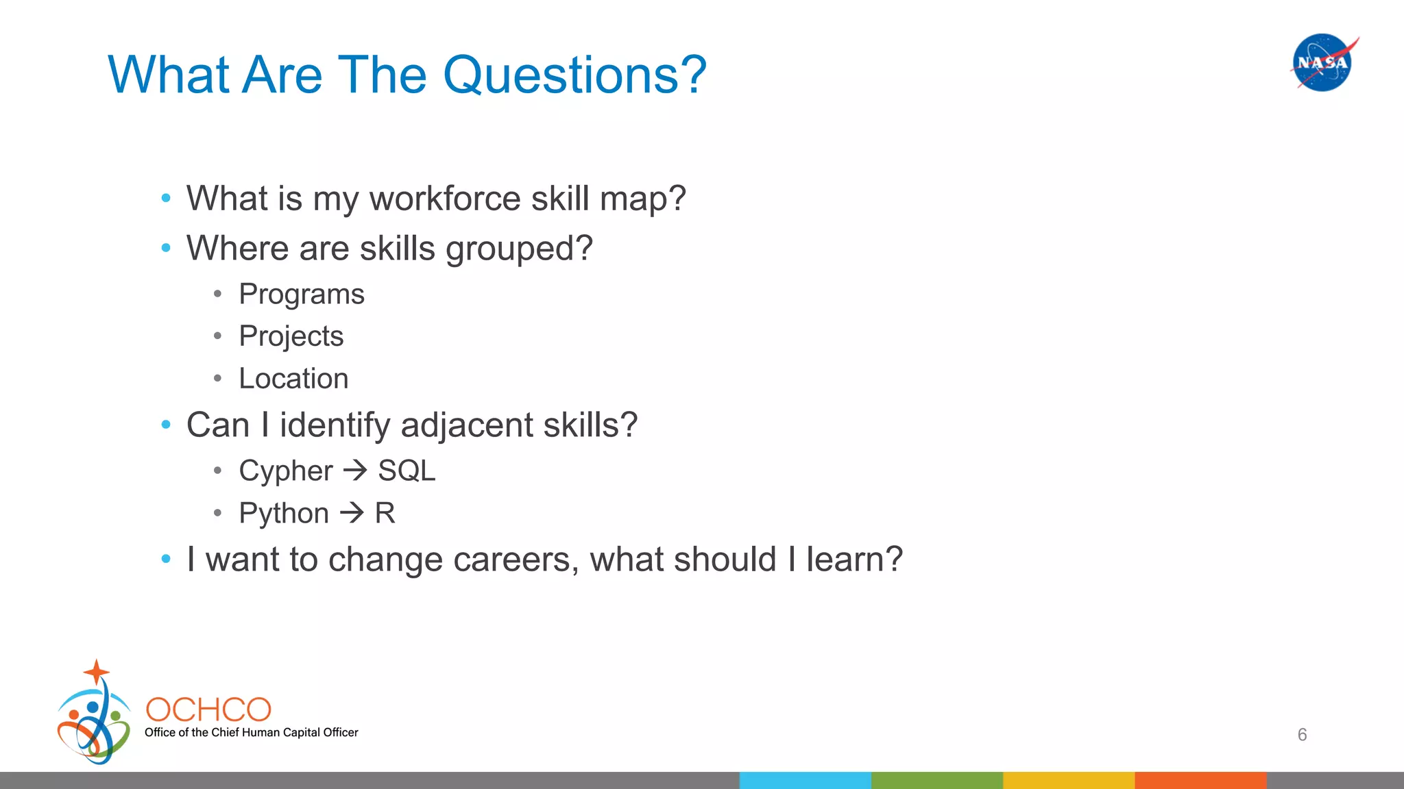 What Are The Questions?
• What is my workforce skill map?
• Where are skills grouped?
• Programs
• Projects
• Location
• Can I identify adjacent skills?
• Cypher à SQL
• Python à R
• I want to change careers, what should I learn?
6
 