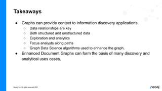 Neo4j, Inc. All rights reserved 2021
● Graphs can provide context to information discovery applications.
○ Data relationships are key
○ Both structured and unstructured data
○ Exploration and analytics
○ Focus analysts along paths
○ Graph Data Science algorithms used to enhance the graph.
● Enhanced Document Graphs can form the basis of many discovery and
analytical uses cases.
Takeaways
 