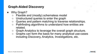 Neo4j, Inc. All rights reserved 2021
Graph-Aided Discovery
● Why Graph?
○ Flexible and (mostly) schemaless model
○ Unstructured queries to enter the graph
○ Queries and pattern matching to traverse relationships.
○ Pathfinding algorithms to understand how entities are
related.
○ Graph Analytics to leverage the overall graph structure.
○ Graphs can form the basis for many analytical use-cases
including Discovery, Analytics, Investigations, etc.
 