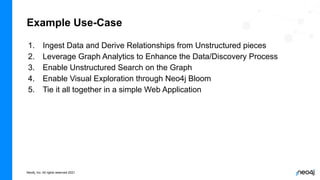 Neo4j, Inc. All rights reserved 2021
1. Ingest Data and Derive Relationships from Unstructured pieces
2. Leverage Graph Analytics to Enhance the Data/Discovery Process
3. Enable Unstructured Search on the Graph
4. Enable Visual Exploration through Neo4j Bloom
5. Tie it all together in a simple Web Application
Example Use-Case
 