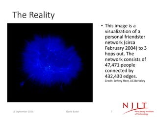 The Reality
• This image is a
visualization of a
personal friendster
network (circa
February 2004) to 3
hops out. The
network consists of
47,471 people
connected by
432,430 edges.
Credit: Jeffrey Heer, UC Berkeley
15 September 2020 David Bader 7
 