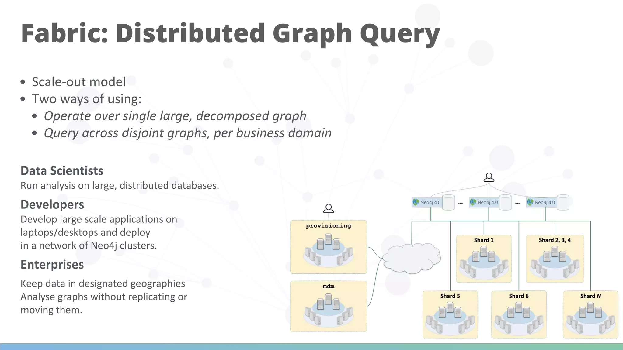 • Scale-out model
• Two ways of using:
• Operate over single large, decomposed graph
• Query across disjoint graphs, per business domain
Data Scientists
Run analysis on large, distributed databases.
Developers
Develop large scale applications on
laptops/desktops and deploy
in a network of Neo4j clusters.
Enterprises
Keep data in designated geographies
Analyse graphs without replicating or
moving them.
Fabric: Distributed Graph Query
 