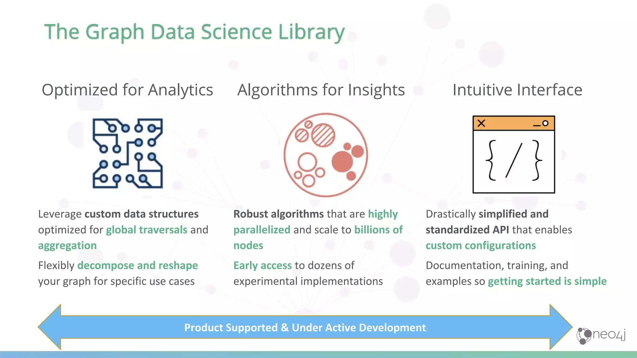 Optimized for Analytics
Leverage custom data structures
optimized for global traversals and
aggregation
Flexibly decompose and reshape
your graph for specific use cases
Algorithms for Insights
Robust algorithms that are highly
parallelized and scale to billions of
nodes
Early access to dozens of
experimental implementations
Intuitive Interface
Drastically simplified and
standardized API that enables
custom configurations
Documentation, training, and
examples so getting started is simple
Product Supported & Under Active Development
The Graph Data Science Library
 