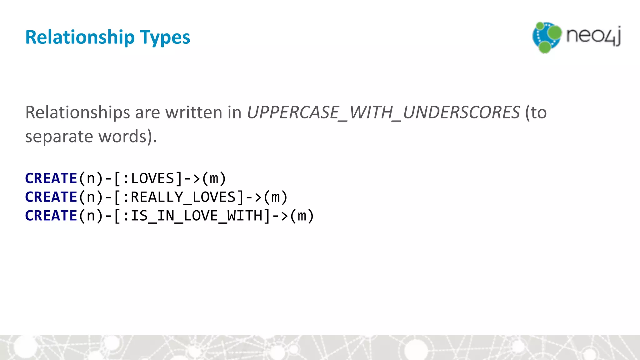 Relationship	Types
Relationships	are	written	in	UPPERCASE_WITH_UNDERSCORES	(to	
separate	words). 
 
CREATE(n)-[:LOVES]->(m) 
CREATE(n)-[:REALLY_LOVES]->(m) 
CREATE(n)-[:IS_IN_LOVE_WITH]->(m)
 