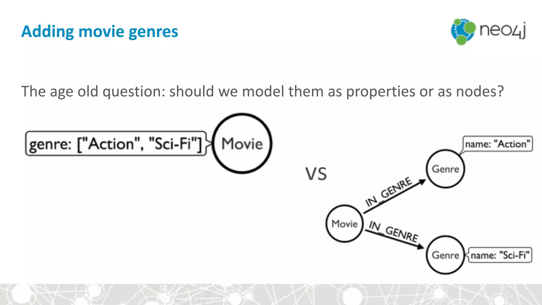 The	age	old	question:	should	we	model	them	as	properties	or	as	nodes? 
 
Adding	movie	genres
vs
 
