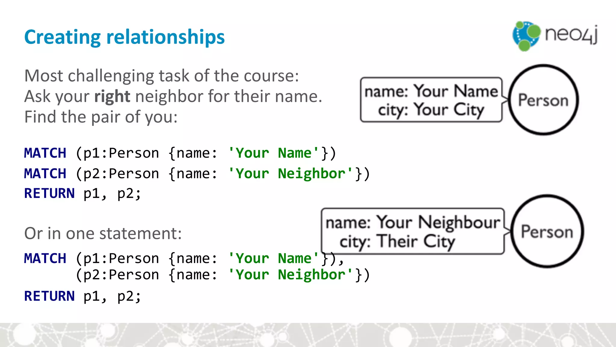 Most	challenging	task	of	the	course:	 
Ask	your	right	neighbor	for	their	name. 
Find	the	pair	of	you: 
MATCH	(p1:Person	{name:	'Your	Name'}) 
MATCH	(p2:Person	{name:	'Your	Neighbor'}) 
RETURN	p1,	p2;	
Or	in	one	statement:	
MATCH	(p1:Person	{name:	'Your	Name'}), 
						(p2:Person	{name:	'Your	Neighbor'})	
RETURN	p1,	p2;	
Creating	relationships
 