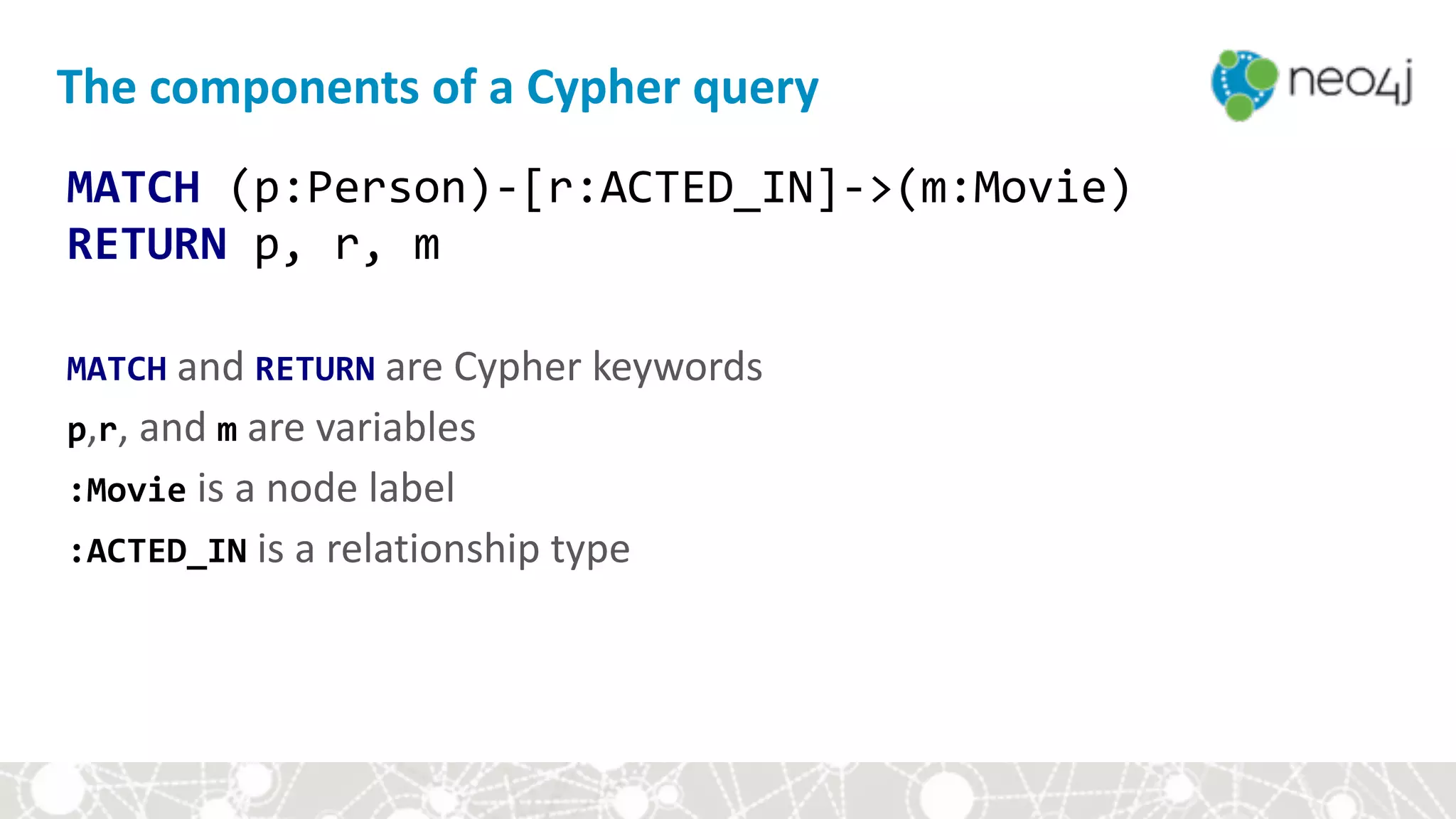 The	components	of	a	Cypher	query
MATCH	(p:Person)-[r:ACTED_IN]->(m:Movie) 
RETURN	p,	r,	m 
 
MATCH	and	RETURN	are	Cypher	keywords 
p,r,	and	m	are	variables 
:Movie	is	a	node	label 
:ACTED_IN	is	a	relationship	type
 