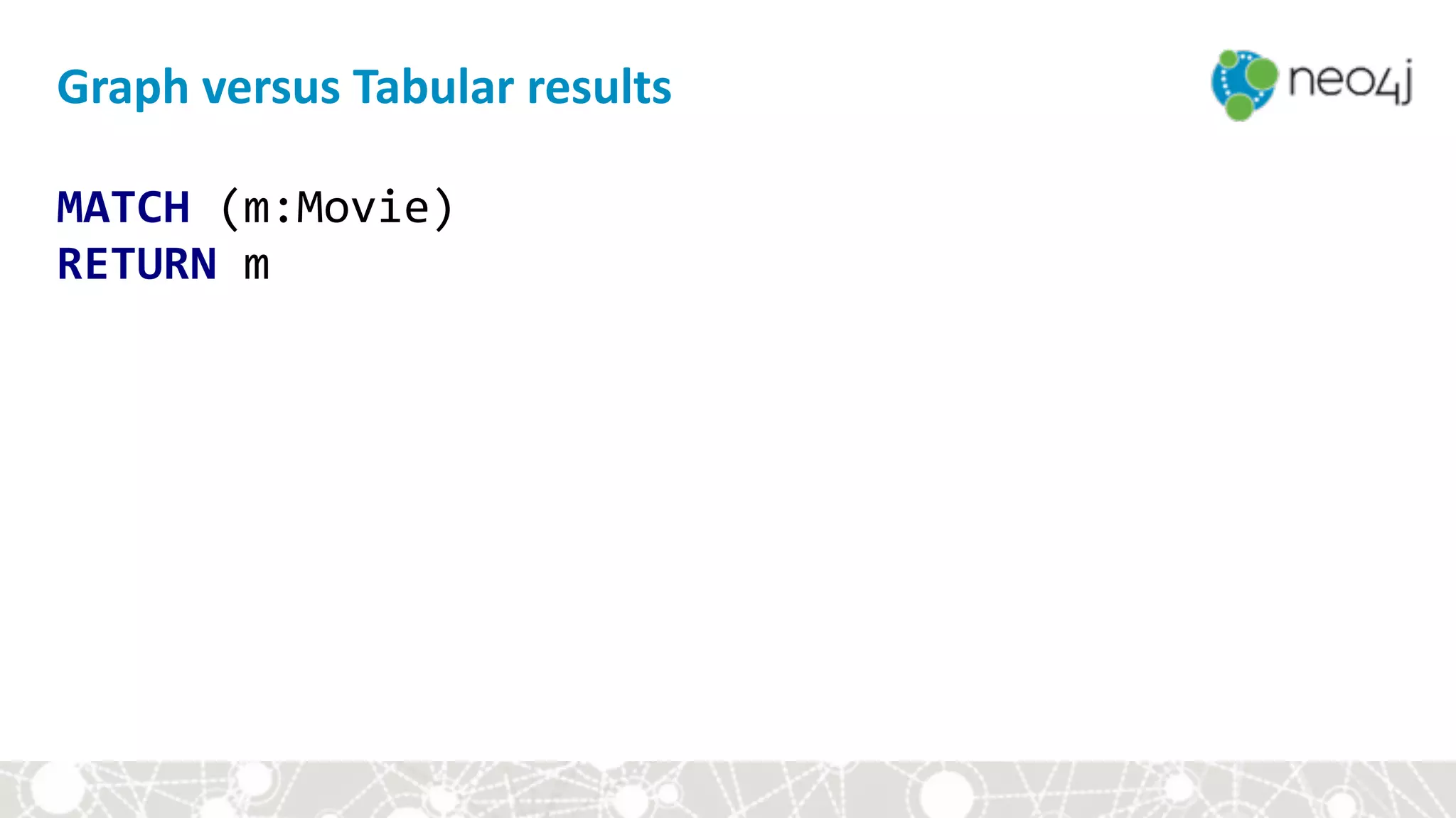 MATCH	(m:Movie) 
RETURN	m
Graph	versus	Tabular	results
 