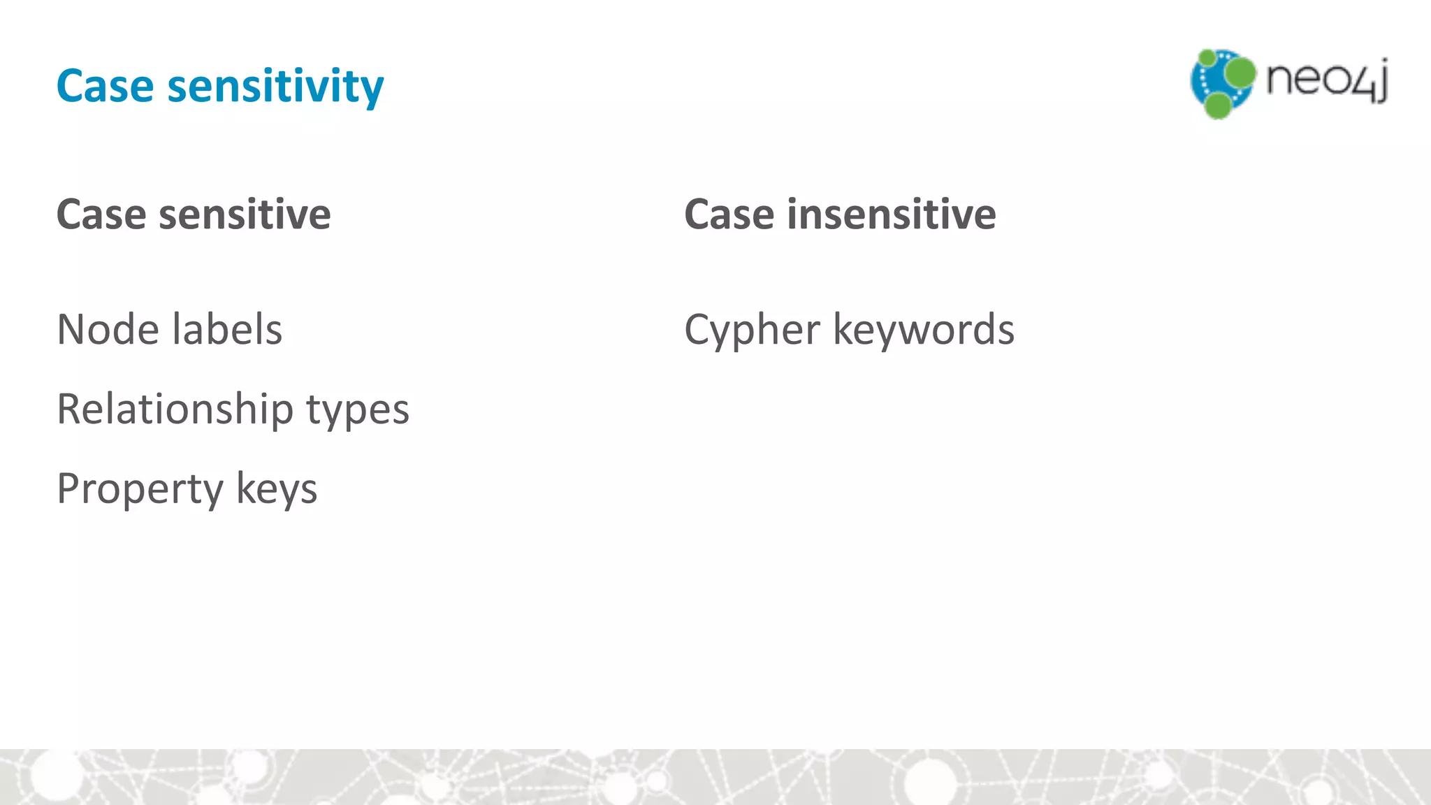 Case	sensitive 
 
Node	labels	
Relationship	types	
Property	keys
Case	insensitive 
 
Cypher	keywords 
Case	sensitivity
 