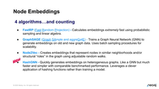 © 2022 Neo4j, Inc. All rights reserved.
Node Embeddings
4 algorithms…and counting
● FastRP (Fast Random Projection) - Calculates embeddings extremely fast using probabilistic
sampling and linear algebra.
● GraphSAGE (Graph SAmple and aggreGatE) - Trains a Graph Neural Network (GNN) to
generate embeddings on old and new graph data. Uses batch sampling procedures for
scalability.
● Node2Vec - Creates embeddings that represent nodes in similar neighborhoods and/or
structural “roles” in the graph using adjustable random walks.
● HashGNN - Quickly generates embeddings on heterogeneous graphs. Like a GNN but much
faster and simpler with comparable benchmarked performance. Leverages a clever
application of hashing functions rather than training a model.
New
50
 
