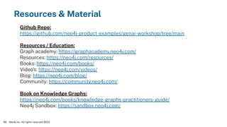 Neo4j Inc. All rights reserved 2023
56
Github Repo:
https://github.com/neo4j-product-examples/genai-workshop/tree/main
Resources / Education:
Graph academy: https://graphacademy.neo4j.com/
Resources: https://neo4j.com/resources/
Books: https://neo4j.com/books/
Video's: https://neo4j.com/videos/
Blog: https://neo4j.com/blog/
Community: https://community.neo4j.com/
Book on Knowledge Graphs:
https://neo4j.com/books/knowledge-graphs-practitioners-guide/
Neo4j Sandbox: https://sandbox.neo4j.com/
Resources & Material
 