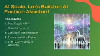 This Requires:
1. Data: Kaggle H&M
2. Search & Retrieval
3. Context for Personalization
4. Recommendation Engine
5. LLM Powered Content
Generator
At Scale: Let’s Build an AI
Fashion Assistant
 