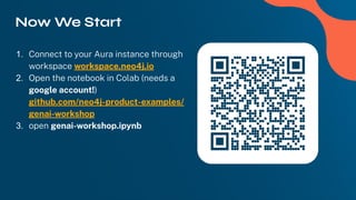 Now We Start
1. Connect to your Aura instance through
workspace workspace.neo4j.io
2. Open the notebook in Colab (needs a
google account!)
github.com/neo4j-product-examples/
genai-workshop
3. open genai-workshop.ipynb
 
