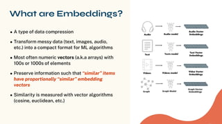 What are Embeddings?
● A type of data compression
● Transform messy data (text, images, audio,
etc.) into a compact format for ML algorithms
● Most often numeric vectors (a.k.a arrays) with
100s or 1000s of elements
● Preserve information such that “similar” items
have proportionally “similar” embedding
vectors
● Similarity is measured with vector algorithms
(cosine, euclidean, etc.)
Graph Graph Model
Graph Vector
Embeddings
 